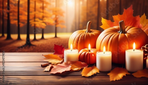 Autumn Still Life with Candles, Pumpkin and Leaves.