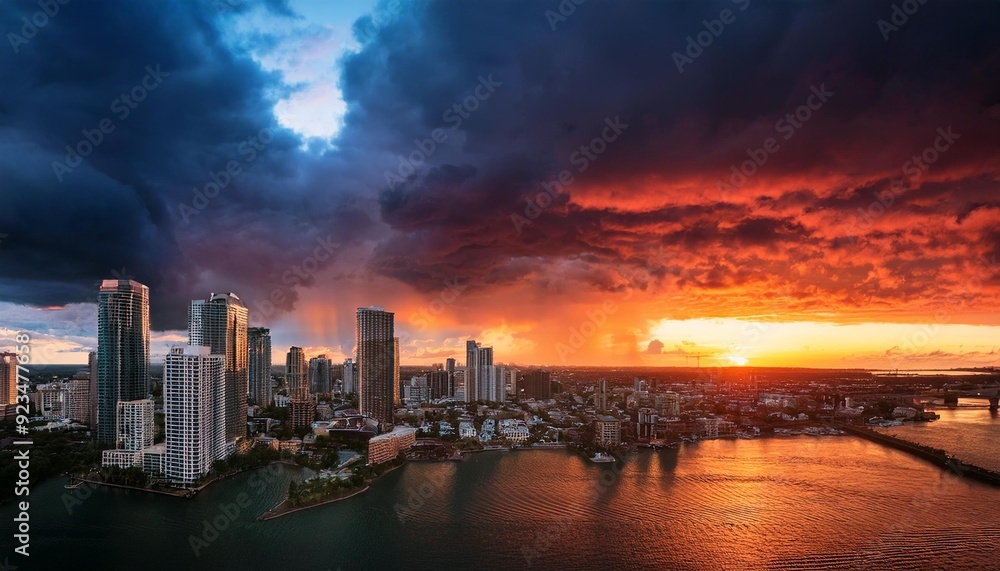 Fototapeta premium Dramatic cityscape showcasing a stunning contrast between stormy clouds and vibrant sunset, symbolizing nature's beauty and power.