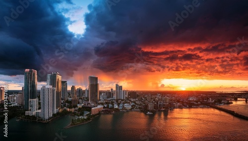 Dramatic cityscape showcasing a stunning contrast between stormy clouds and vibrant sunset, symbolizing nature's beauty and power.