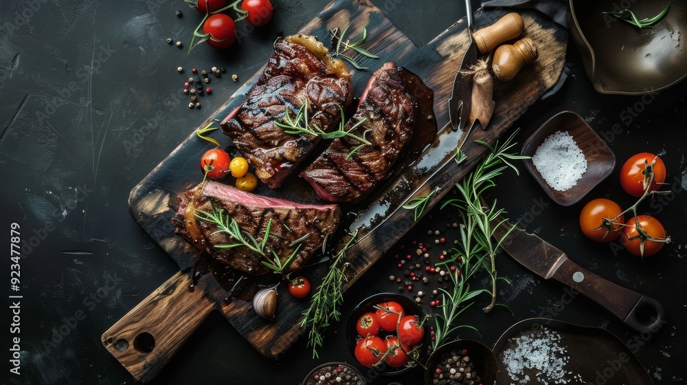 Grilled steaks with rosemary and cherry tomatoes on a wooden board Grilled steaks with rosemary and cherry tomatoes on a wooden board