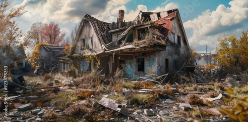 Capture the desolate feel of a broken house with a partially collapsed roof and shattered windows