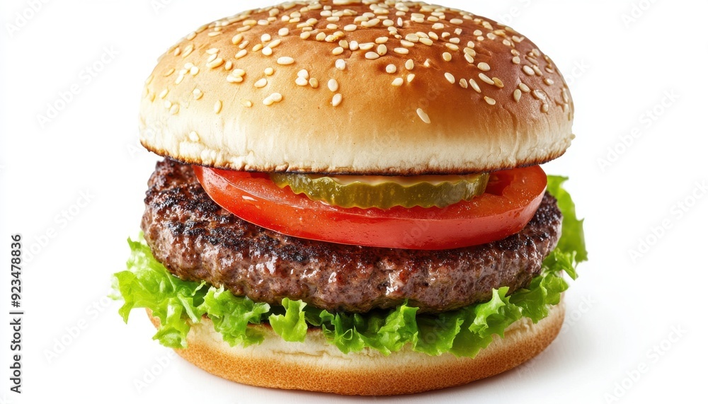Juicy beef burger with lettuce, tomato, pickles, and sesame seed bun on white background Juicy beef burger with lettuce, tomato, pickles, and sesame seed bun on white background