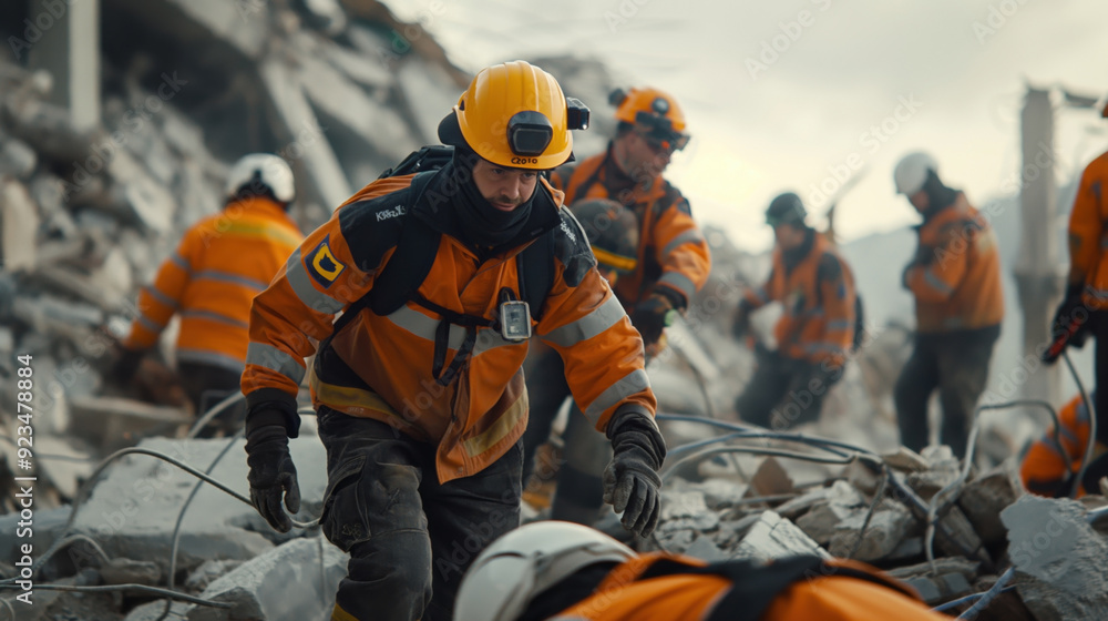 Rescue workers in orange uniforms and yellow helmets searching through rubble and debris at a disaster site. Rescue workers in orange uniforms and yellow helmets searching through rubble and debris at a disaster site.