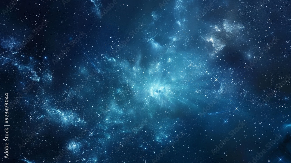 Fototapeta premium This image features a mesmerizing blue light nebula in the vast outer space, with stars scattered throughout the dark expanse, representing cosmic serenity and mystery.