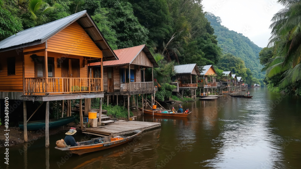 Obraz premium Riverside view of wooden stilt houses with boats along a calm river, surrounded by lush greenery and hills.