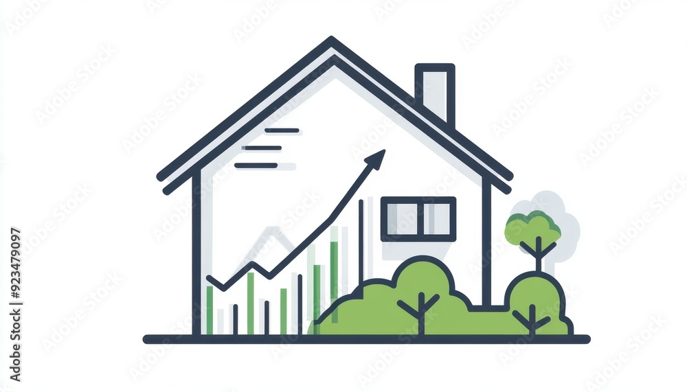 Growth trend in housing market illustrated on a house exterior Growth trend in housing market illustrated on a house exterior
