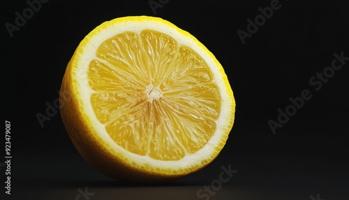 Brightly sliced lemon half on a dark background showcasing its juicy texture and color