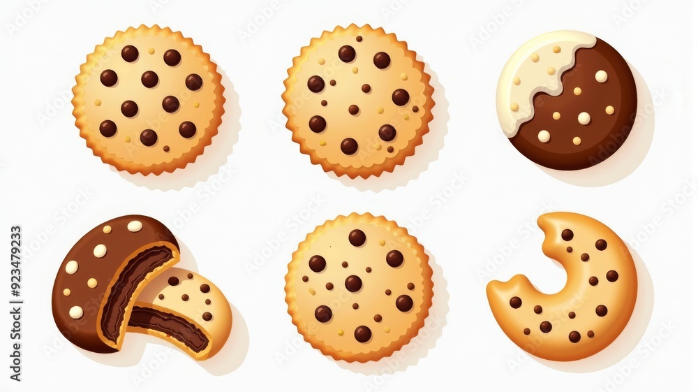 Delicious Chocolate Chip Cookies Illustrations Showing Whole and Bitten Cookies - Perfect for Dessert and Baking Concepts Delicious Chocolate Chip Cookies Illustrations Showing Whole and Bitten Cookies - Perfect for Dessert and Baking Concepts