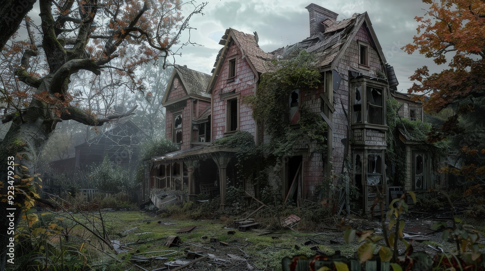 Capture the eerie atmosphere of a dilapidated house with broken windows and a crumbling facade Capture the eerie atmosphere of a dilapidated house with broken windows and a crumbling facade