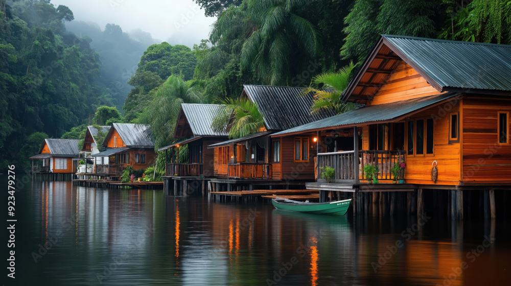 Obraz premium Wooden bungalows on stilts over water, surrounded by lush tropical forest, with reflections on the calm surface of the water.