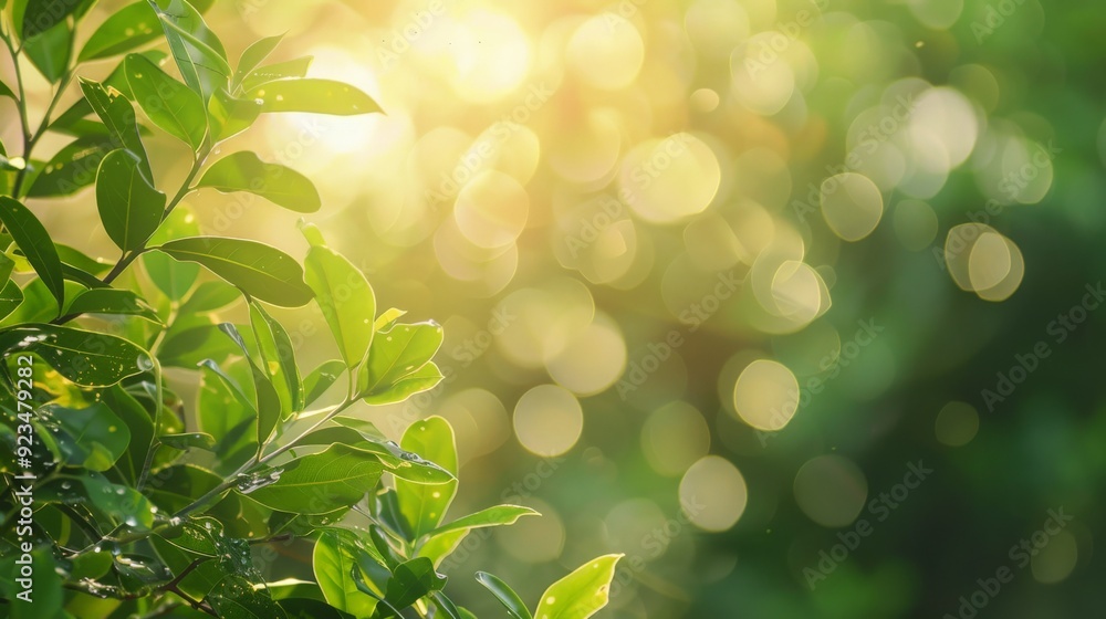 Sunlit green leaves with water droplets, illuminated by warm golden light, against a blurred bokeh background, creating a vibrant and nature-inspired visual effect. Sunlit green leaves with water droplets, illuminated by warm golden light, against a blurred bokeh background, creating a vibrant and nature-inspired visual effect.