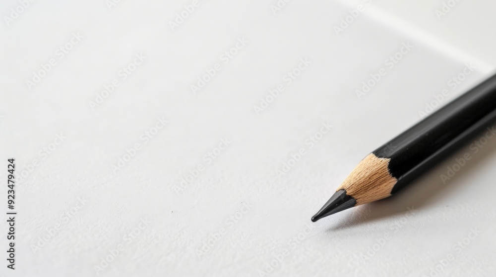 This image captures a close-up view of a single black pencil, sharply pointed, placed on a blank sheet of white paper for drawing or writing purposes. This image captures a close-up view of a single black pencil, sharply pointed, placed on a blank sheet of white paper for drawing or writing purposes.