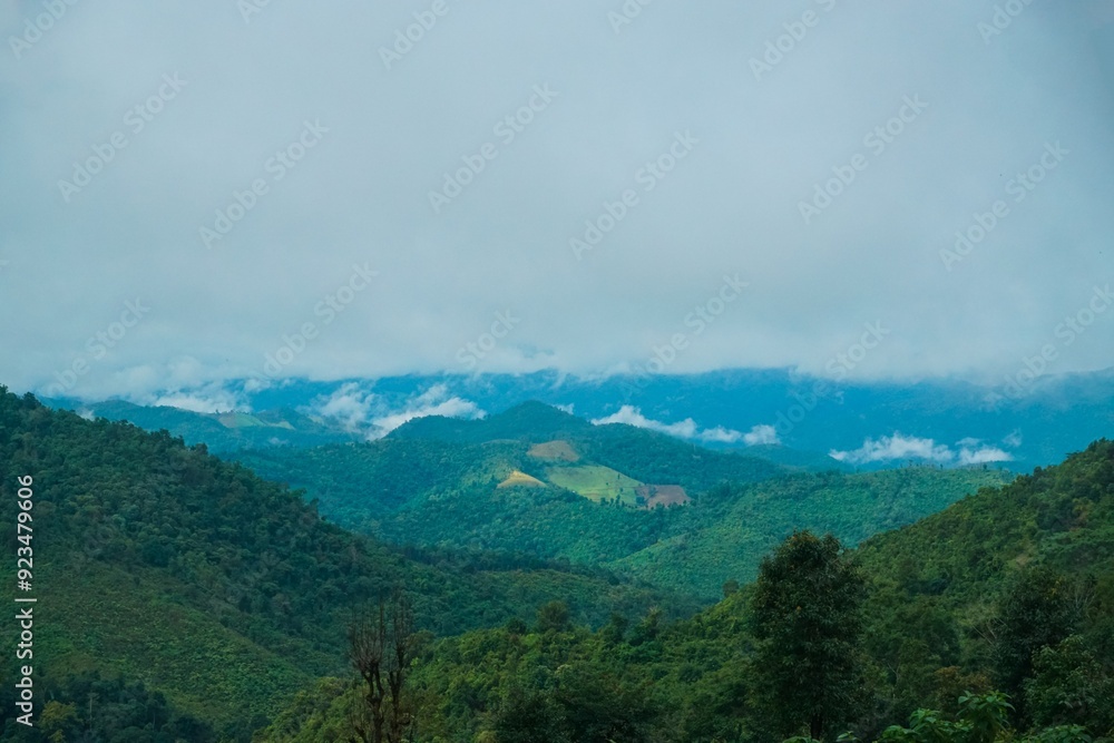 The mountains are covered in lush green trees and the sky is cloudy The mountains are covered in lush green trees and the sky is cloudy