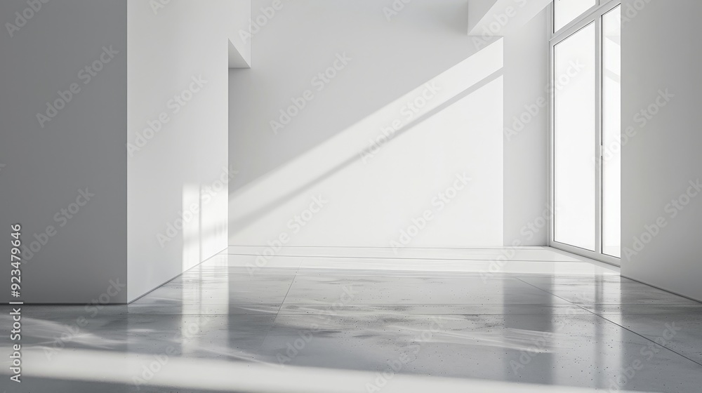 Fototapeta premium A spacious white room features large windows allowing for an abundance of natural light, invoking a modern aesthetic with a sense of openness, calmness, and clarity.