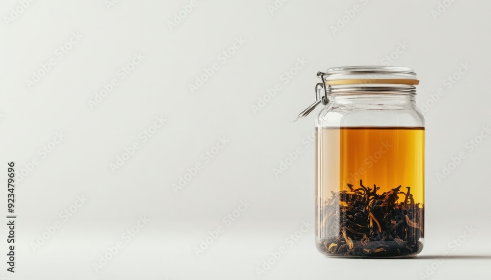 Tea brewing in a clear jar with loose leaves steeping on a light background Tea brewing in a clear jar with loose leaves steeping on a light background