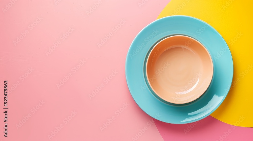 A pastel-themed ceramic bowl placed on a matching plate is set against a dual-toned pink and yellow background, creating a visually appealing and modern look, perfect for kitchenware ads. A pastel-themed ceramic bowl placed on a matching plate is set against a dual-toned pink and yellow background, creating a visually appealing and modern look, perfect for kitchenware ads.