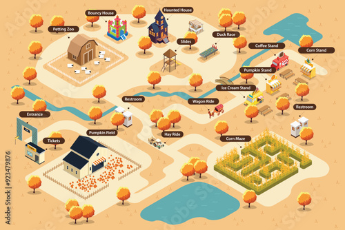 Isometric Map of a Pumpkin Farm for Pumpkin Patch Vector Illustration