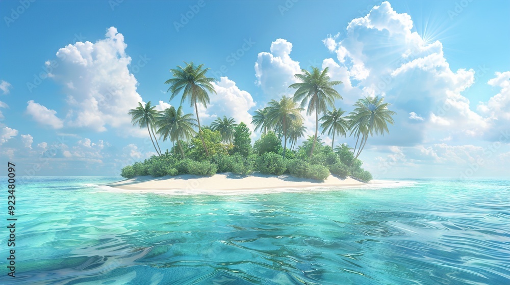 Serene Tropical Island Paradise with Palm Trees and Turquoise Water - High Detail Illustration Serene Tropical Island Paradise with Palm Trees and Turquoise Water - High Detail Illustration