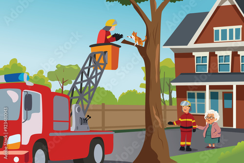 Fire Department Helping Grandma Rescue Her Cat From Tree Vector Illustration