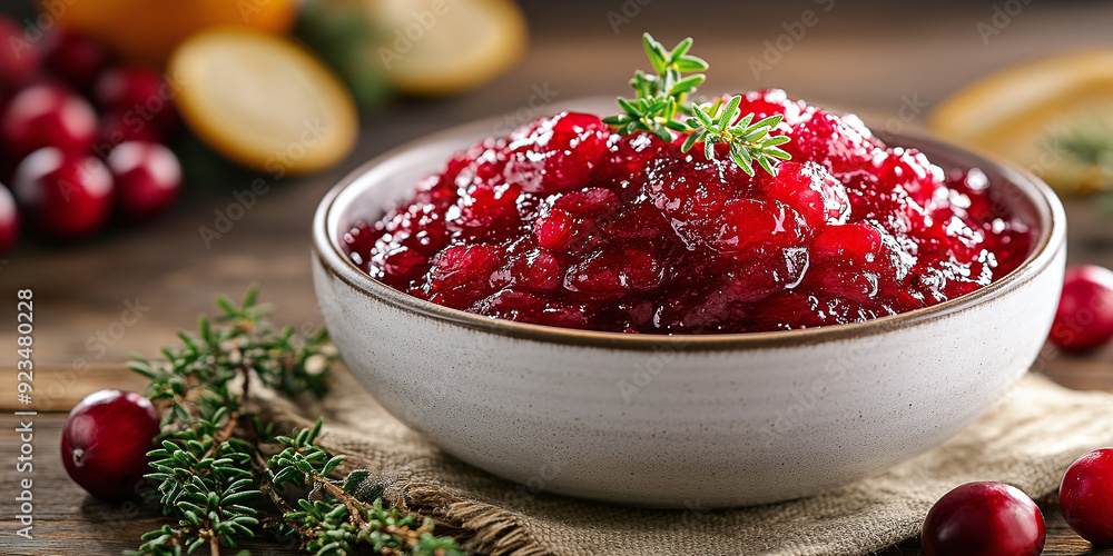 Cranberry Sauce: A vibrant, tangy cranberry sauce with a bright red hue, made from fresh cranberries and sweetened with a touch of orange zest Cranberry Sauce: A vibrant, tangy cranberry sauce with a bright red hue, made from fresh cranberries and sweetened with a touch of orange zest