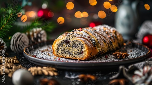 traditional hungarian christmas cookie calles bejgli filled with walnut and poppy seed with christmas tree background photo