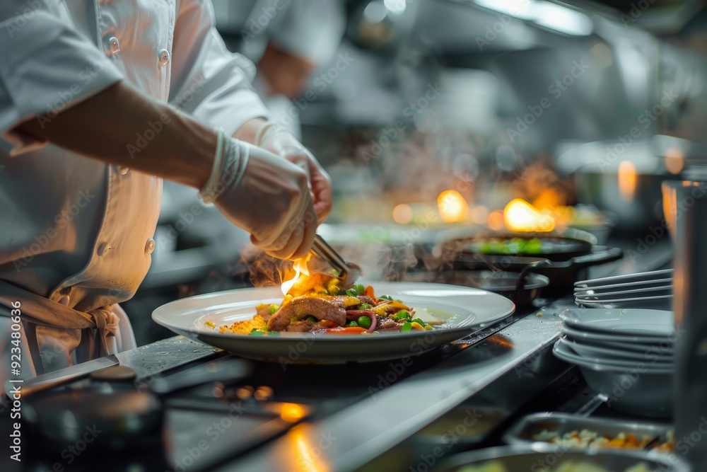 A chef in a professional kitchen carefully flames a dish with sautéed vegetables, adding a dramatic touch to the cooking process, illustrating culinary expertise and creativity in presentation. A chef in a professional kitchen carefully flames a dish with sautéed vegetables, adding a dramatic touch to the cooking process, illustrating culinary expertise and creativity in presentation.
