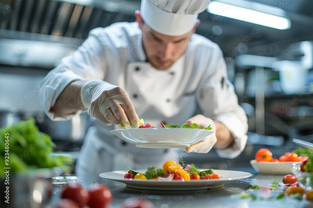 A chef dressed in a white uniform and chef's hat is delicately garnishing a beautifully plated dish with fresh ingredients, in a professional kitchen setting, focusing on presentation. A chef dressed in a white uniform and chef's hat is delicately garnishing a beautifully plated dish with fresh ingredients, in a professional kitchen setting, focusing on presentation.