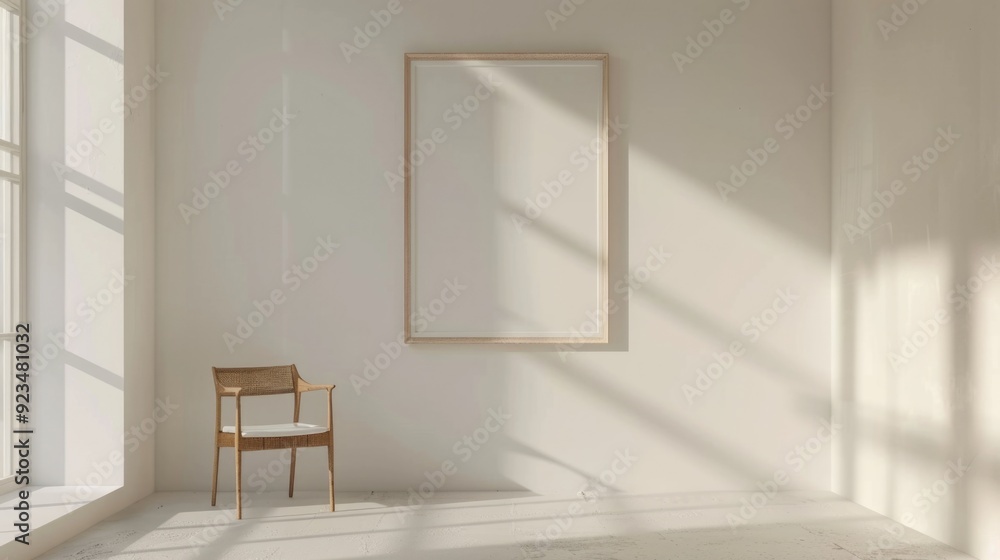Fototapeta premium Photo Frame Mock Up. Minimalistic White Room Interior with Empty Wooden Frame for Artwork Presentation