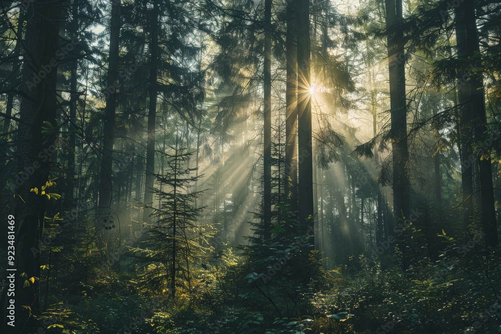 Fototapeta premium An idyllic forest scene where sunlight filters through tall tree trunks, lighting up the undergrowth and creating a mesmerizing atmosphere filled with natural beauty and calm.