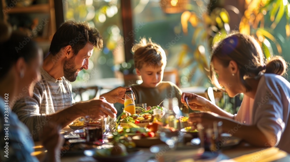 A family gathers around a table outside on a sunny day, enjoying a meal together with a variety of delicious food, creating a delightful and harmonious moment. A family gathers around a table outside on a sunny day, enjoying a meal together with a variety of delicious food, creating a delightful and harmonious moment.