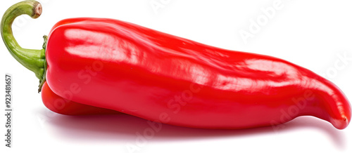 A vibrant red pepper, glossy and smooth, with a green stem, sits against