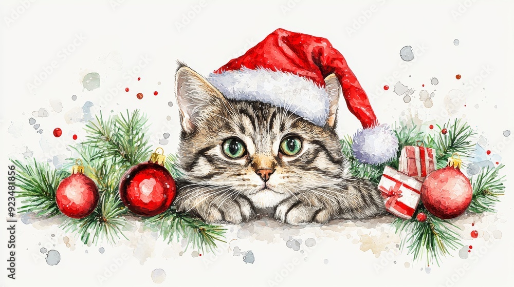 A cute watercolor illustration of a cat wearing a Santa hat, surrounded by Christmas decorations and presents. A cute watercolor illustration of a cat wearing a Santa hat, surrounded by Christmas decorations and presents.