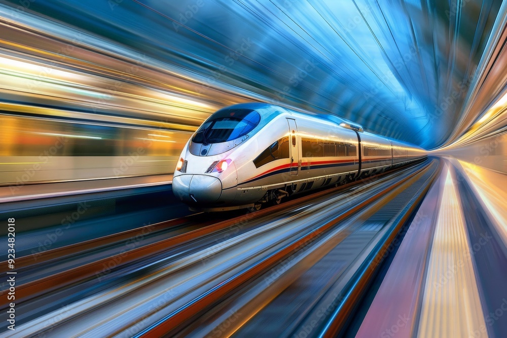 A high-speed train rushes through a brightly lit tunnel, highlighting the advanced engineering and rapid movement typical of modern rail travel, creating a dynamic scene. A high-speed train rushes through a brightly lit tunnel, highlighting the advanced engineering and rapid movement typical of modern rail travel, creating a dynamic scene.