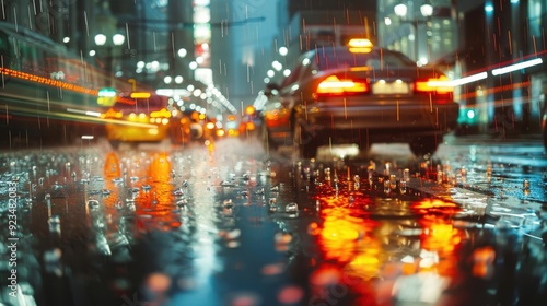 Capture the scene of a city street with cars driving through a heavy rainstorm.