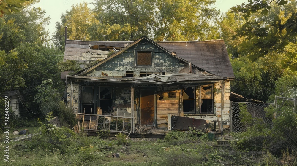 Capture the scene of a dilapidated house with shattered glass, peeling paint, and a sagging roof Capture the scene of a dilapidated house with shattered glass, peeling paint, and a sagging roof