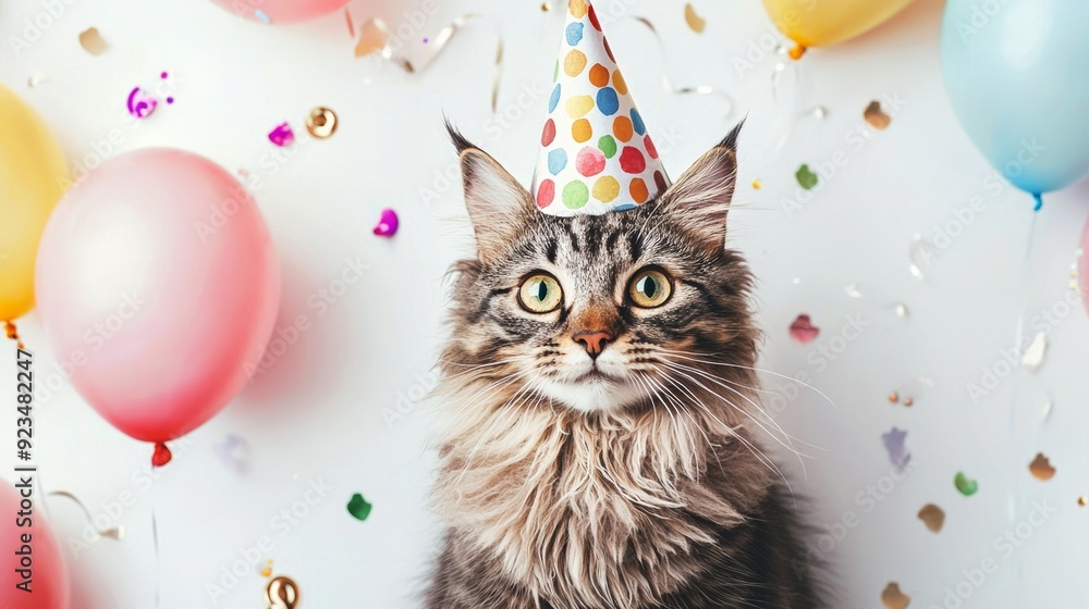 A playful cat wearing a colorful party hat, surrounded by balloons and confetti. Perfect for birthday celebrations and festive themes. A playful cat wearing a colorful party hat, surrounded by balloons and confetti. Perfect for birthday celebrations and festive themes.