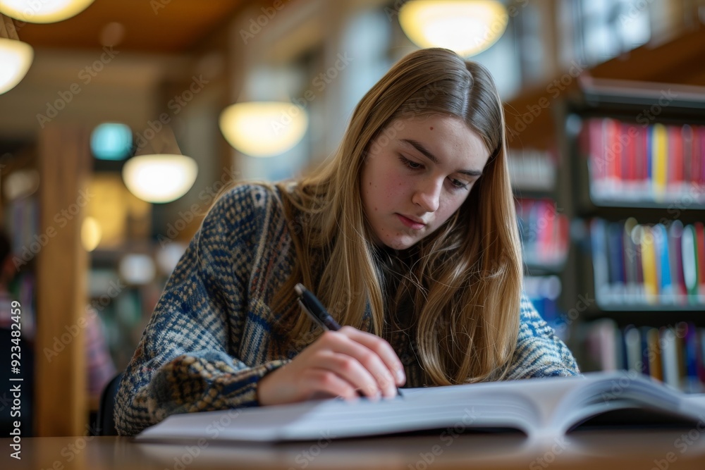 A young student is concentrating deeply while writing notes in a library, surrounded by shelves of books, creating a serene and focused environment conducive to effective studying and learning. A young student is concentrating deeply while writing notes in a library, surrounded by shelves of books, creating a serene and focused environment conducive to effective studying and learning.