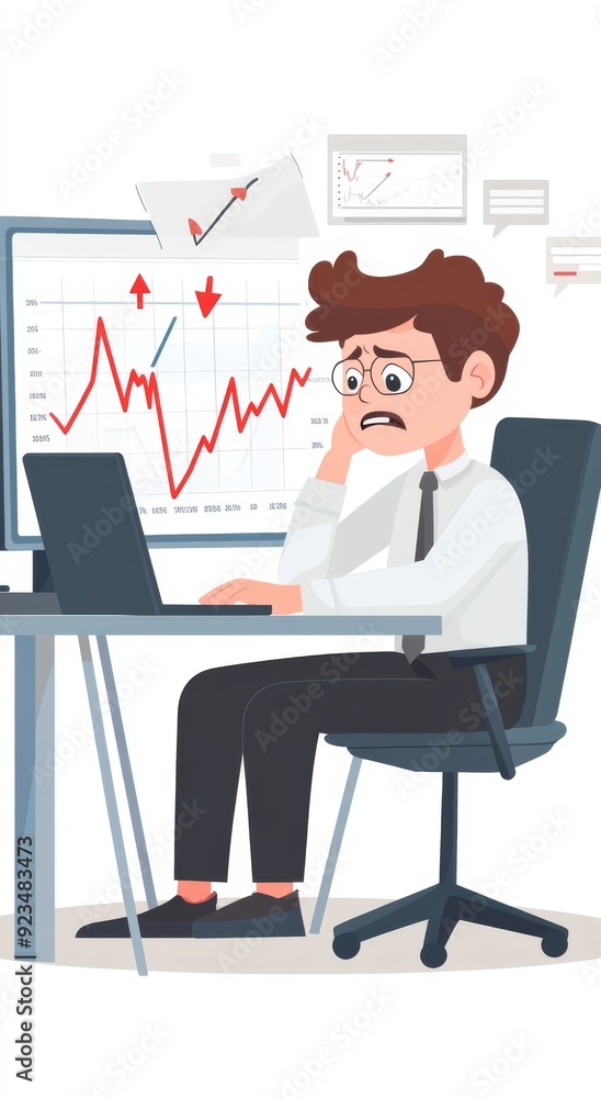Fototapeta premium Stressed businessman analyzing declining stock market graph on computer screen in office