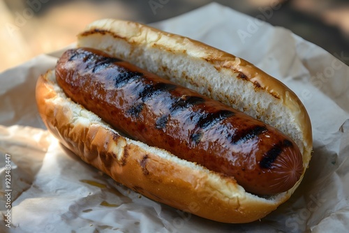 A freshly made hot dog with a grilled sausage in a toasted bun