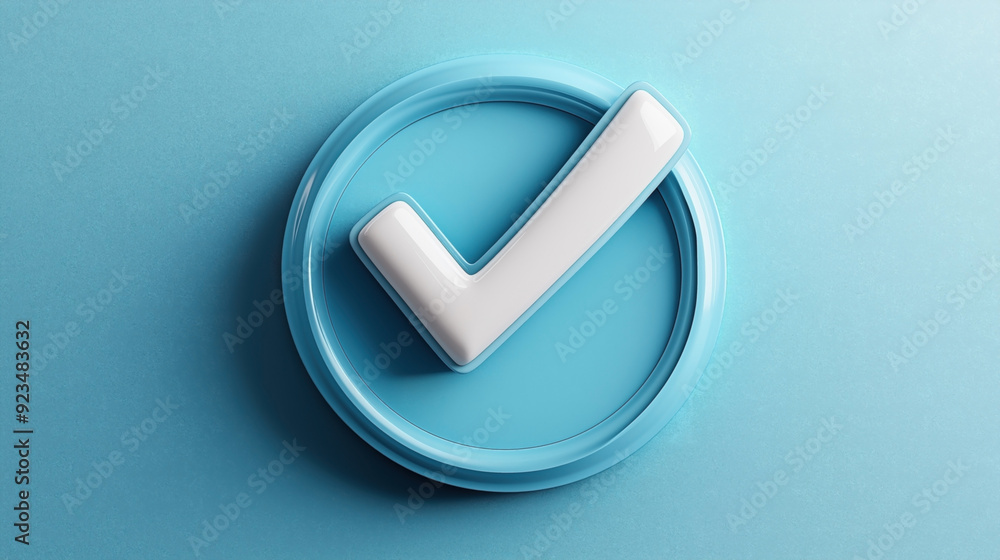 illustration of a glossy checkmark in a blue circle on a light blue background. illustration of a glossy checkmark in a blue circle on a light blue background.