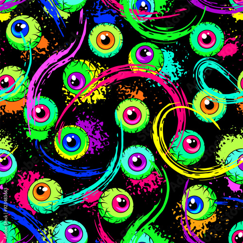 Seamless neon pattern with scattered colorful eyeballs, neon smashed smeared paint. Surreal, psychedelic illustration in vintage style for Halloween holiday.