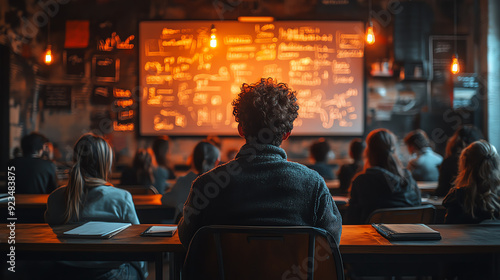 A classroom scene with students attentively watching a presentation on a large screen, fostering an engaging learning environment.