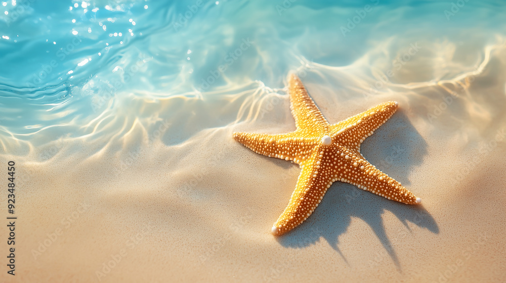 Starfish on sand in sea water. Summer background with empty space for text. Vacation and travel concept Starfish on sand in sea water. Summer background with empty space for text. Vacation and travel concept