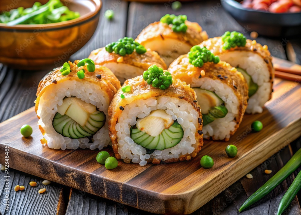 Vibrant, mouthwatering spicy scallop roll sushi with succulent scallops, crispy tempura flakes, and spicy mayo, garnished with green onions and sesame seeds on a wooden plate. Vibrant, mouthwatering spicy scallop roll sushi with succulent scallops, crispy tempura flakes, and spicy mayo, garnished with green onions and sesame seeds on a wooden plate.