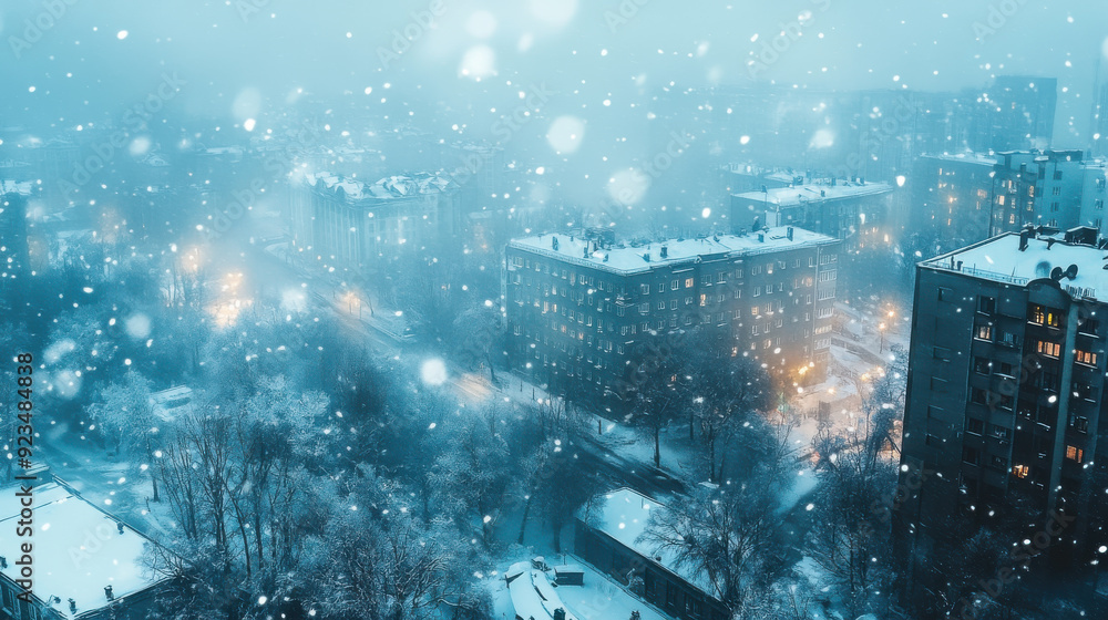 Obraz premium High-angle view of a winter wonderland with light rain creating a misty atmosphere over snow-covered trees and buildings.