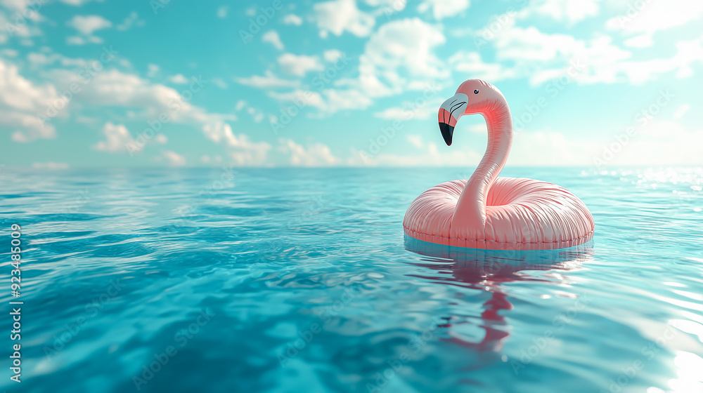 Inflatable pink flamingo in sea water, summer concept.