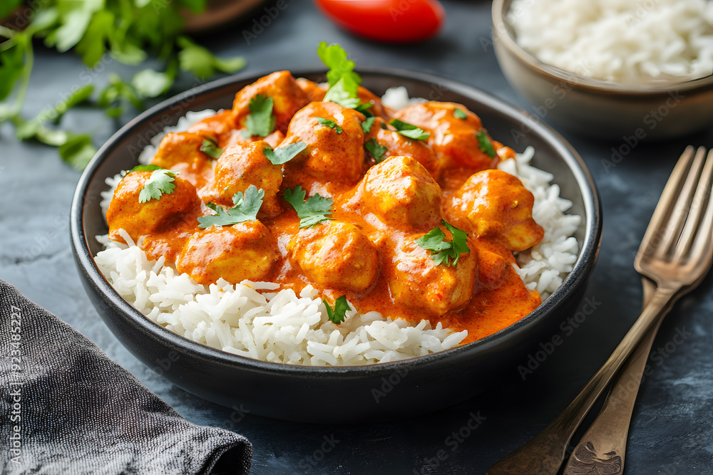 Indian chicken tikka masala with rice commercial advertising photo
Indian chicken tikka masala with rice commercial advertising photo