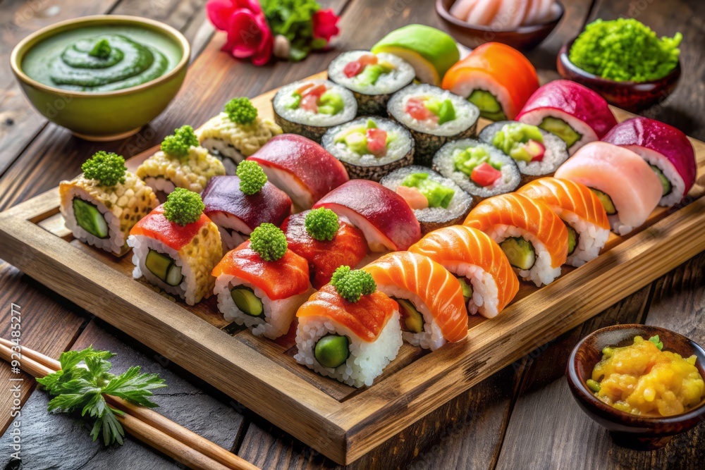 Vibrant assortment of sushi rolls, sashimi, and nigiri artfully arranged on a rustic wooden platter, garnished with fresh wasabi and pickled ginger, tantalizing foodie senses. Vibrant assortment of sushi rolls, sashimi, and nigiri artfully arranged on a rustic wooden platter, garnished with fresh wasabi and pickled ginger, tantalizing foodie senses.
