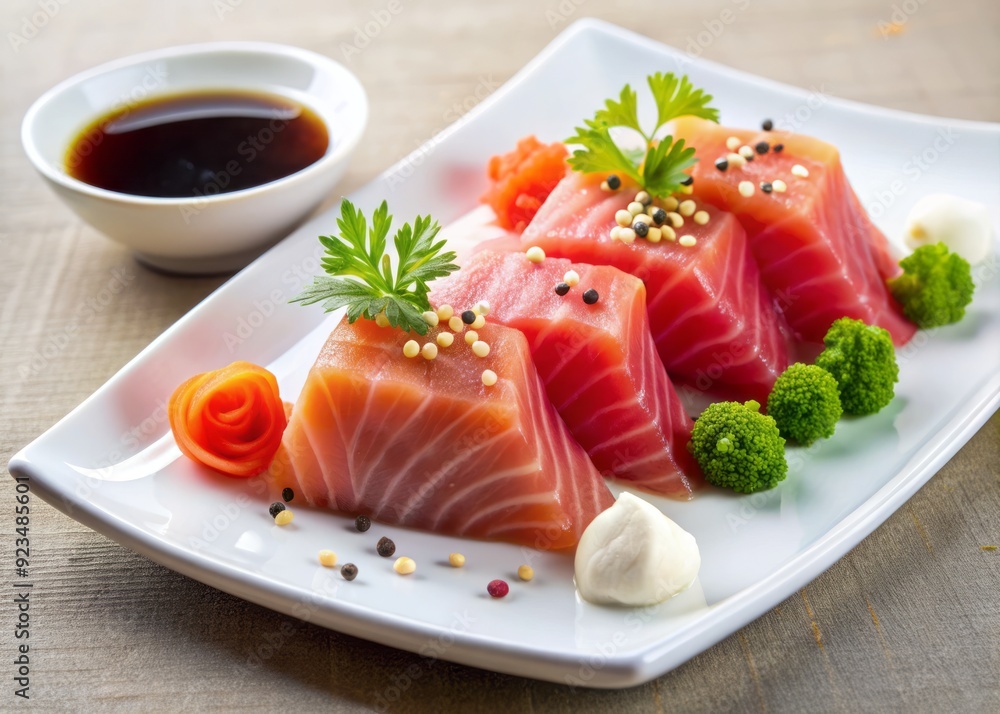 Fresh salmon and tuna sashimi slices arranged artfully on a minimalist white plate with delicate sesame seeds and thinly sliced daikon radish garnish. Fresh salmon and tuna sashimi slices arranged artfully on a minimalist white plate with delicate sesame seeds and thinly sliced daikon radish garnish.