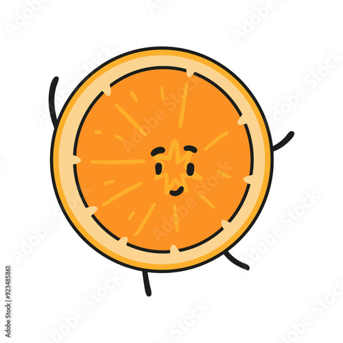 Funny orange slice doodle kawaii character illustration with outline isolated on white.